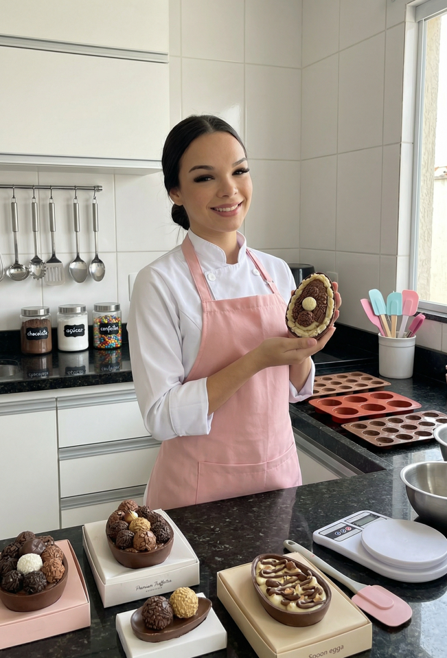 Luiza Almeida segurando um ovo de Páscoa artesanal na cozinha